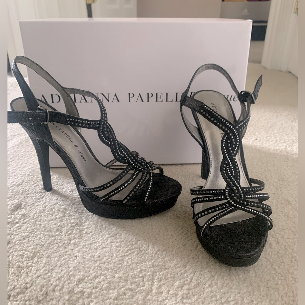 Black platform heel with silver/black rhinestones